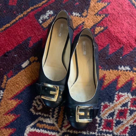 Geox | Black leather + patent w gold buckle block heel flat | Size 40 - Picture 1 of 5
